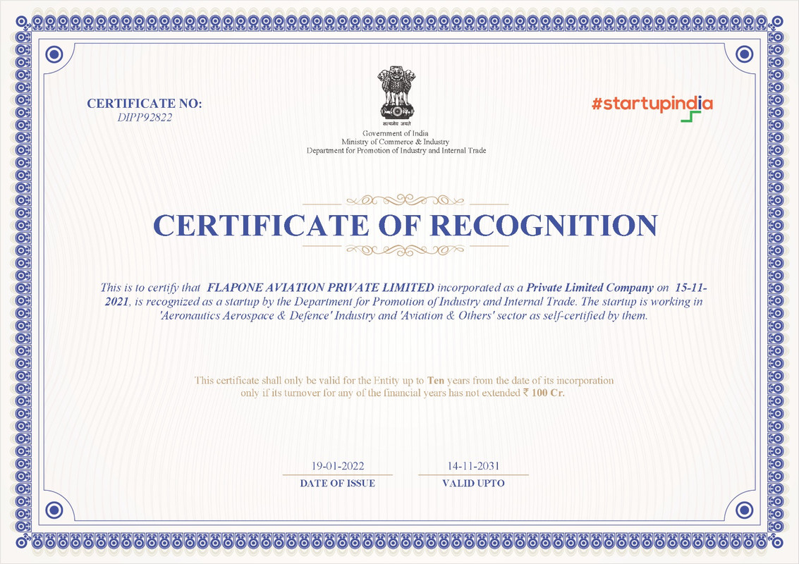 Flapone Aviation Receives Prestigious Certificate of Recognition from the Government of India