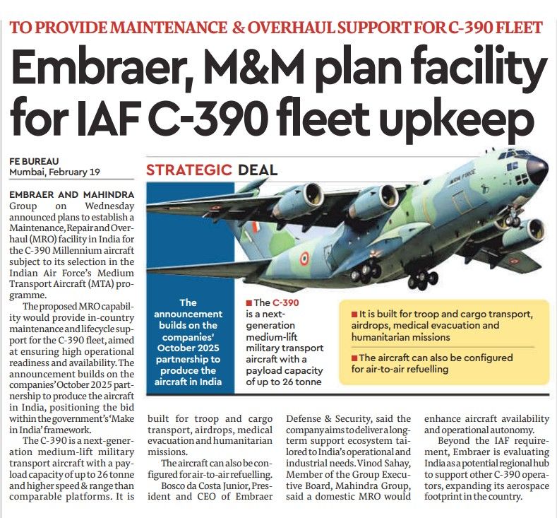 Embraer and Mahindra plan to Set Up an MRO facility for C-390 Millennium Aircraft in India